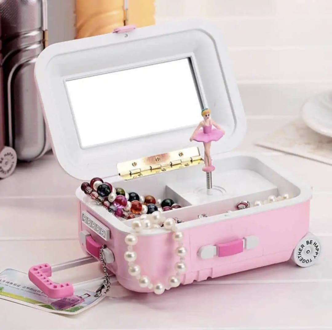 Mini Suitcase Jewelry Box with Mirror & Dancing Ballerina