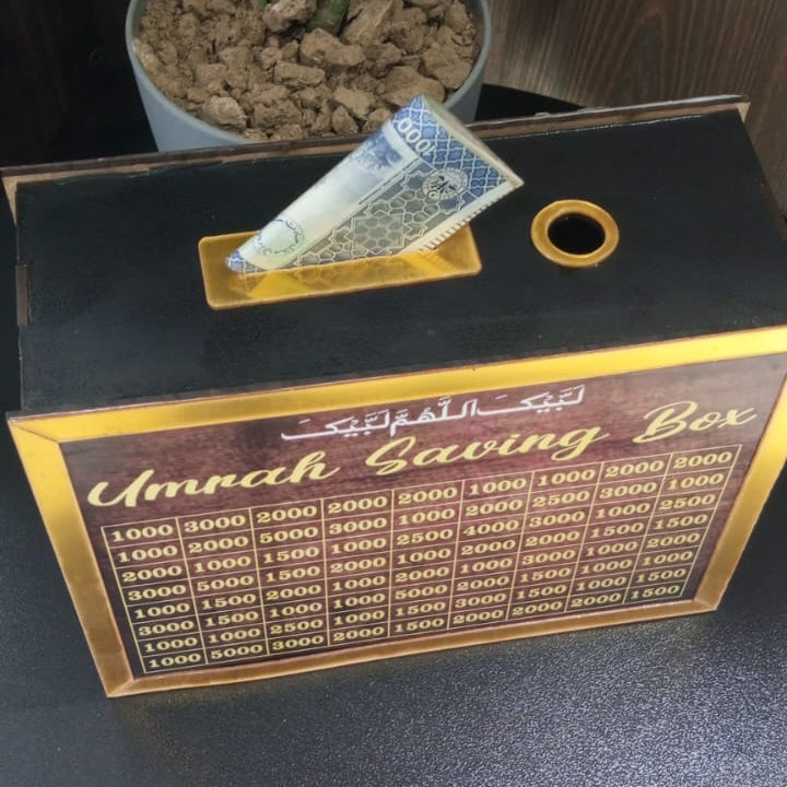 Umrah Saving Box – Wooden Money Saving Bank with Target Chart