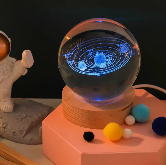 3D Crystal Galaxy Ball Night Lamp with Wooden Base (9cm) with RGB Lights - Solar System - Moon - Earth - Heart Cloud - Crescent -Moon Walk with seven colors LED light