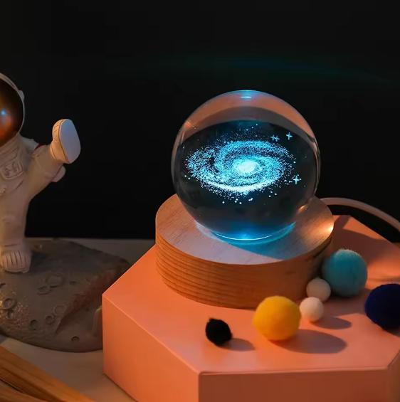 3D Crystal Galaxy Ball Night Lamp with Wooden Base (9cm) - Solar System - Moon - Earth - Heart Cloud - Crescent -Moon Walk with seven colors LED light