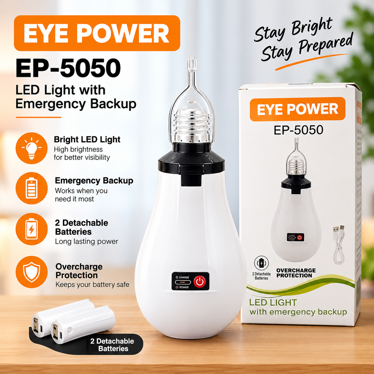 AC/DC Rechargeable LED 12W White Light Bulb with Emergency Backup