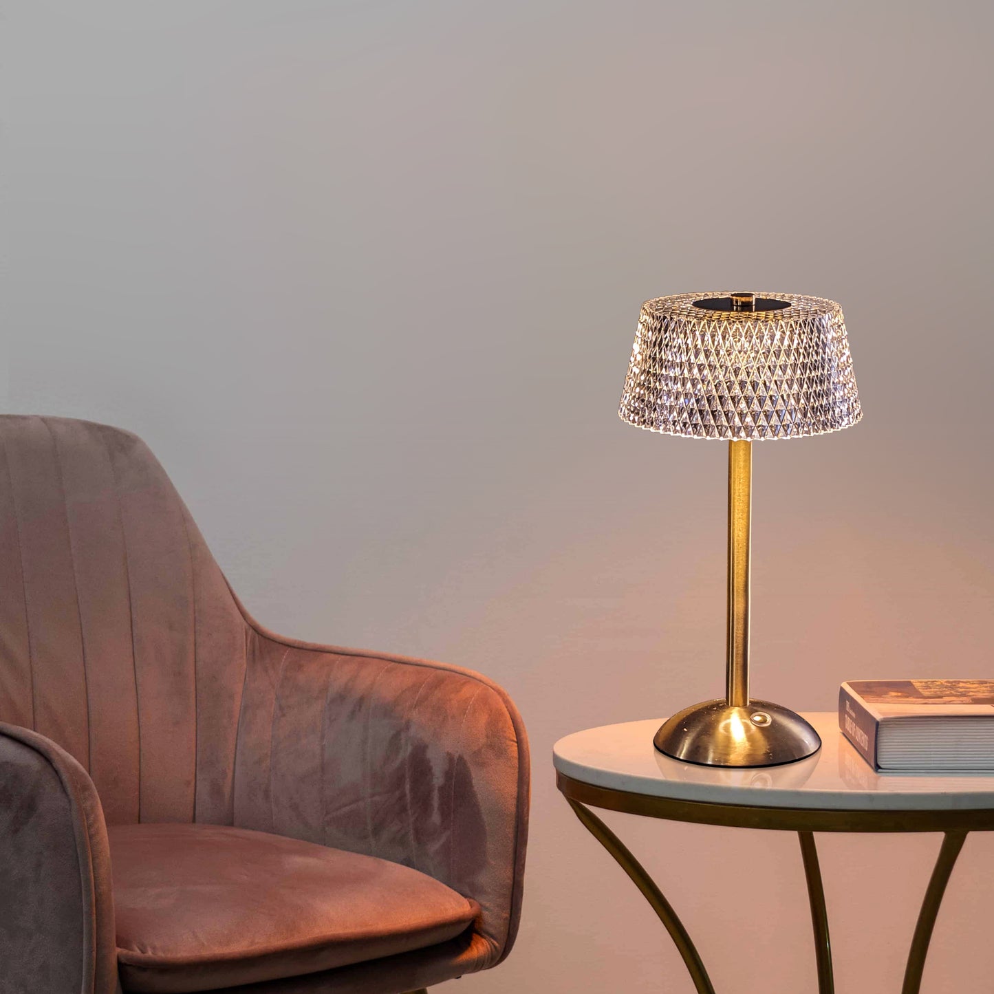 Elegant Touch-Control Table Lamp with Crystal-Cut Acrylic Shade and Gold Base