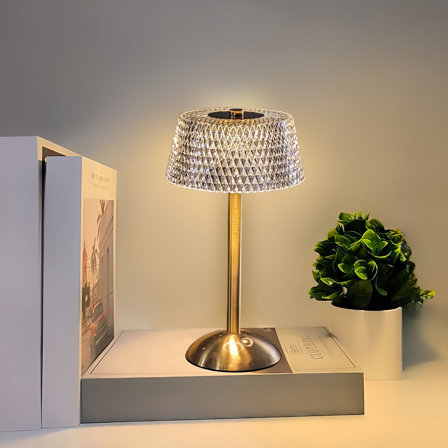 Elegant Touch-Control Table Lamp with Crystal-Cut Acrylic Shade and Gold Base