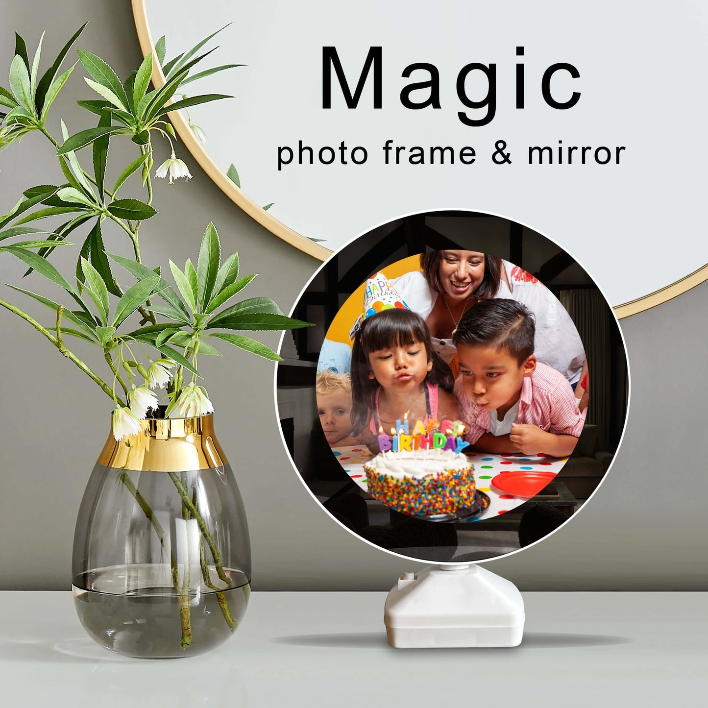 LED Photo Frame & Mirror Combination Elegant Light-Up Display for Photos & Reflection Perfect for Home Decor, Weddings, and Gifts (Round Shape)