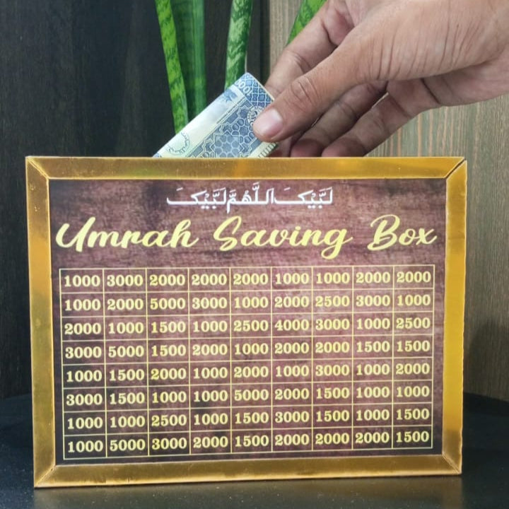 Umrah Saving Box – Wooden Money Saving Bank with Target Chart