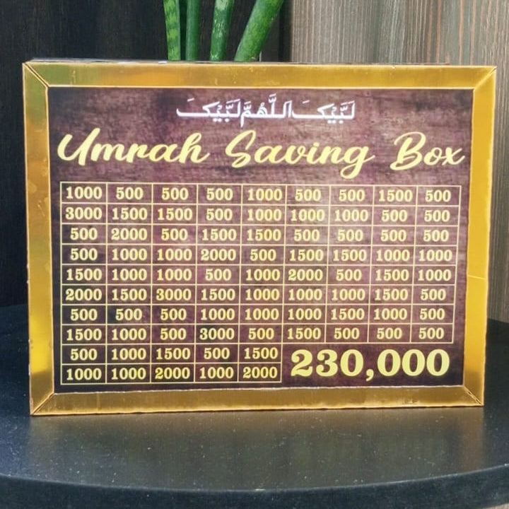 Umrah Saving Box – Wooden Money Saving Bank with Target Chart
