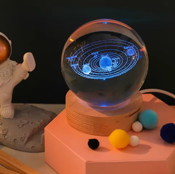 3D Crystal Galaxy Ball Night Lamp with Wooden Base (9cm) - Solar System - Moon - Earth - Heart Cloud - Crescent -Moon Walk with seven colors LED light