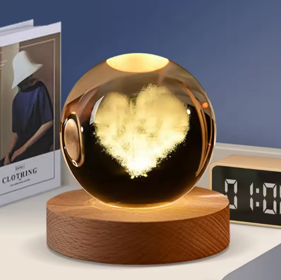 3D Crystal Galaxy Ball Night Lamp with Wooden Base (9cm) - Solar System - Moon - Earth - Heart Cloud - Crescent -Moon Walk with seven colors LED light