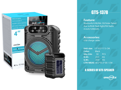 GTS-1378 Portable Bluetooth Speaker with Solar Panel, RGB Flashlight, and FM Radio