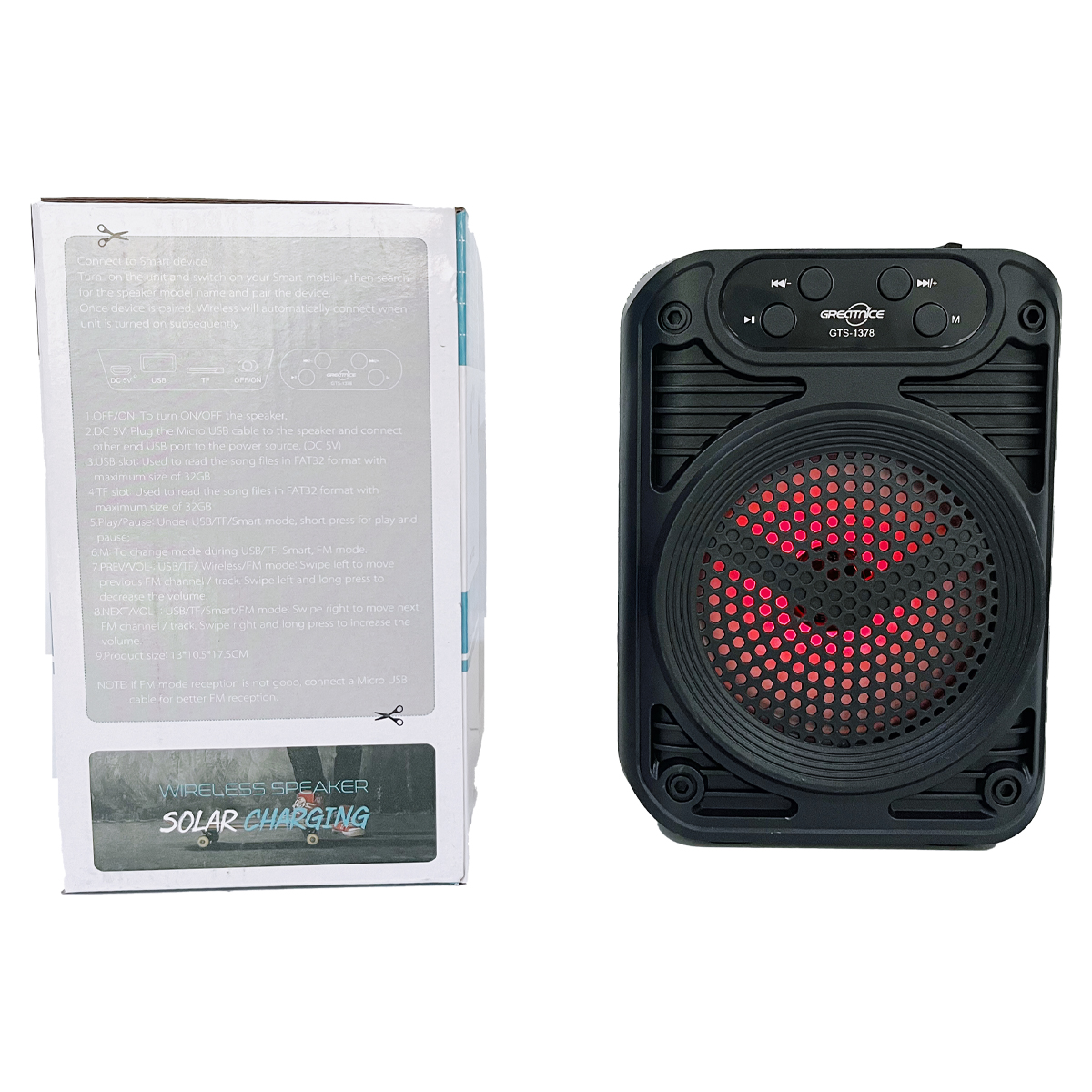 GTS-1378 Portable Bluetooth Speaker with Solar Panel, RGB Flashlight, and FM Radio