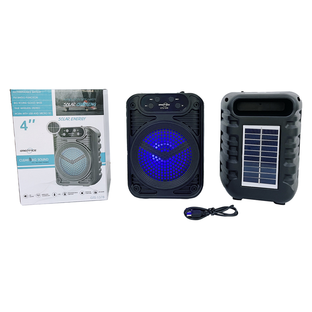 GTS-1378 Portable Bluetooth Speaker with Solar Panel, RGB Flashlight, and FM Radio