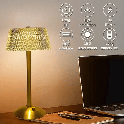 Elegant Touch-Control Table Lamp with Crystal-Cut Acrylic Shade and Gold Base