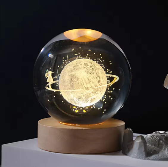 3D Crystal Galaxy Ball Night Lamp with Wooden Base (6cm) - Solar System - Moon - Earth - Heart Cloud - Crescent -Moon Walk