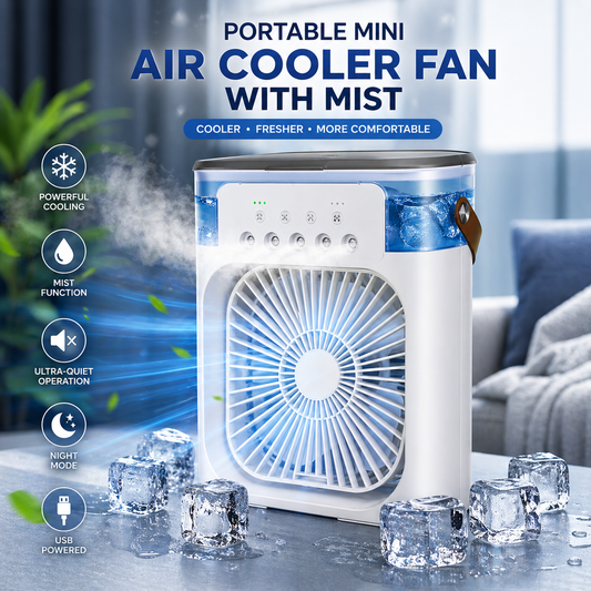 Portable Mini Rechargeable Air Cooler Fan with Mist – Ultra-Quiet Cooling Fan with Water Tank & Night Mode
