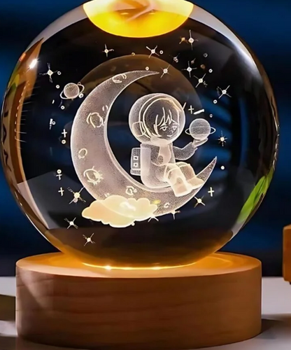 3D Crystal Galaxy Ball Night Lamp with Wooden Base (6cm) - Solar System - Moon - Earth - Heart Cloud - Crescent -Moon Walk