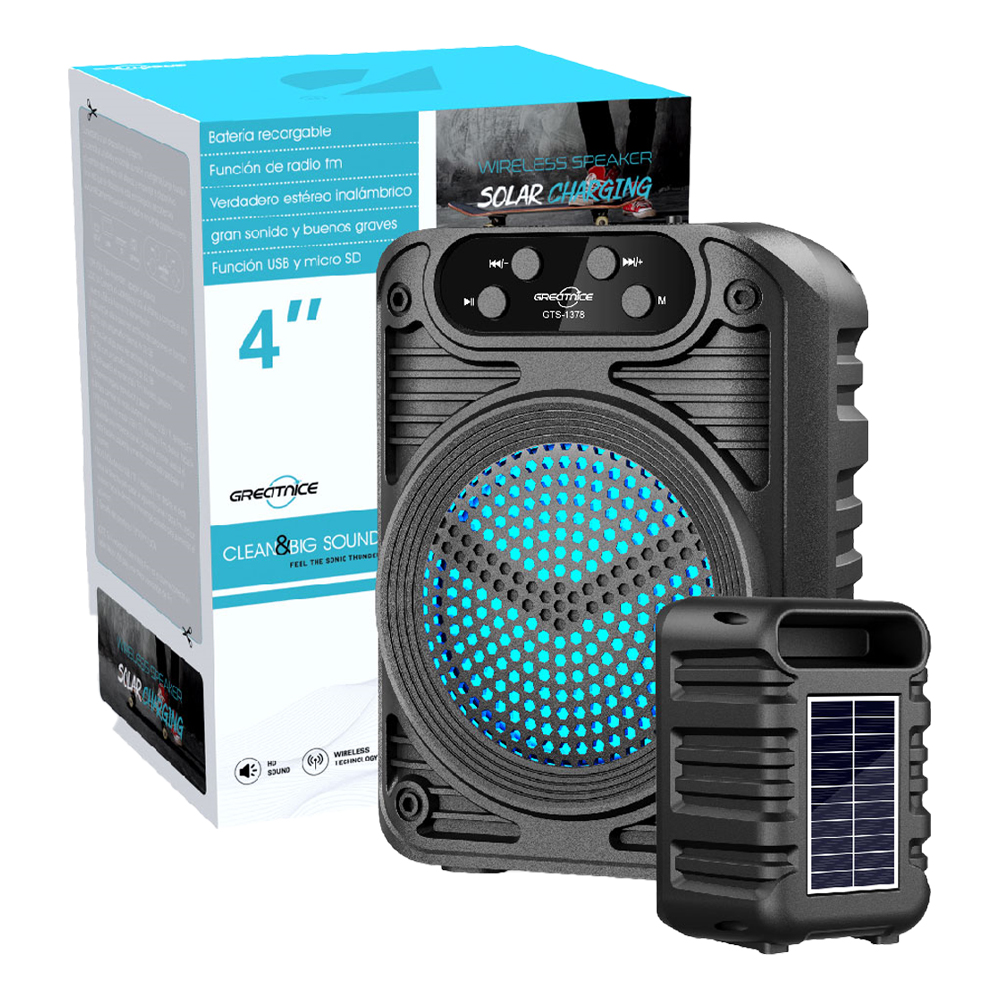 GTS-1378 Portable Bluetooth Speaker with Solar Panel, RGB Flashlight, and FM Radio