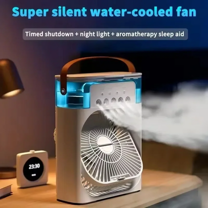 Portable Mini Rechargeable Air Cooler Fan with Mist – Ultra-Quiet Cooling Fan with Water Tank & Night Mode