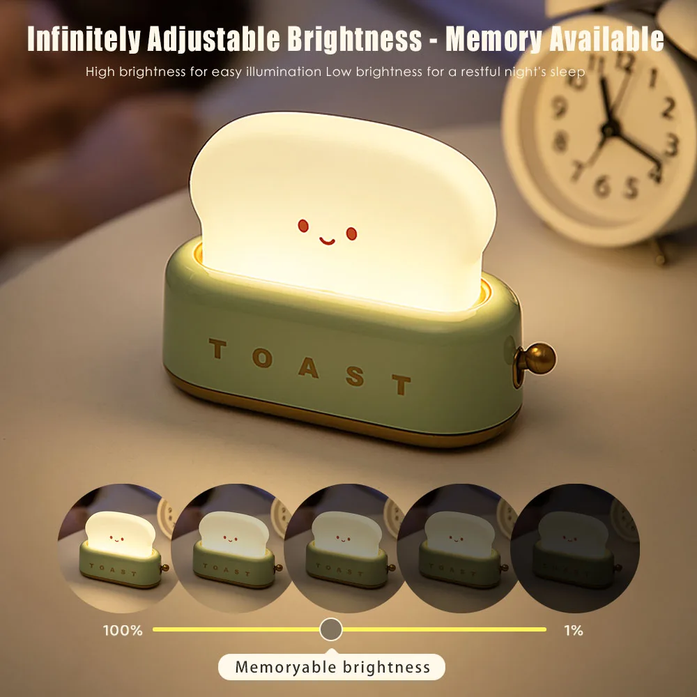 Cute Toast Night Light – Dimmable LED Bedside Lamp
