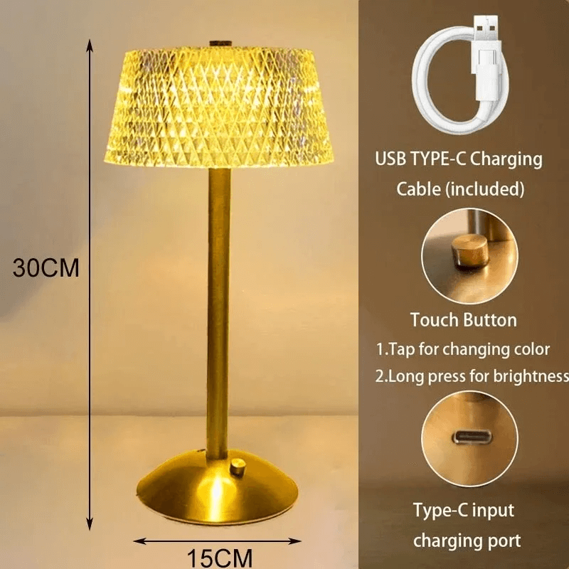 Elegant Touch-Control Table Lamp with Crystal-Cut Acrylic Shade and Gold Base