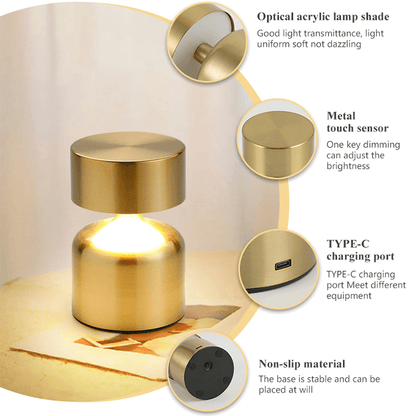 Metal Touch Sense Round Top Nightlight Desk Lamp - Best for Restaurant Ambience and Home Decor - Stepless Dimming - Rechargeable - Battery Powered