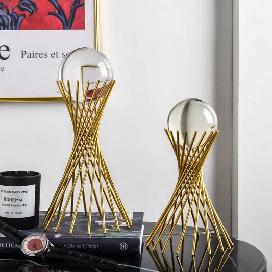 Pack of 2 Crystal Ball with Golden Spiral Stand – Modern Decorative Showpiece