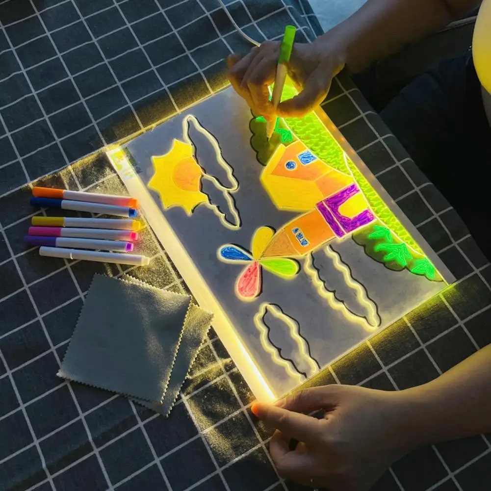 LED Light-Up Writing Board with Markers – Colorful DIY Acrylic Writing Pad with Stand & Erasable Pens for Kids