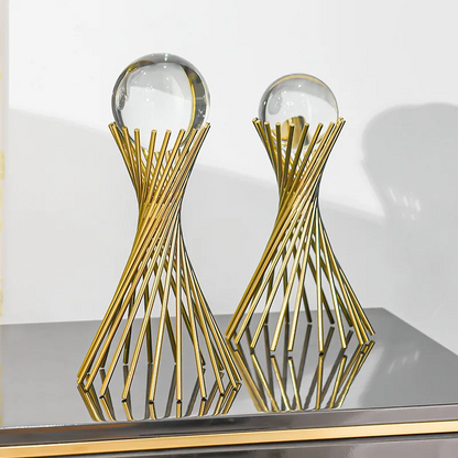 Pack of 2 Crystal Ball with Golden Spiral Stand – Modern Decorative Showpiece