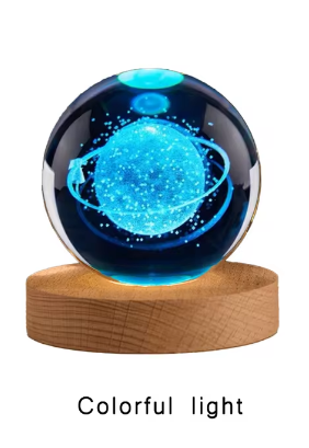 3D Crystal Galaxy Ball Night Lamp with Wooden Base (9cm) - Solar System - Moon - Earth - Heart Cloud - Crescent -Moon Walk with seven colors LED light